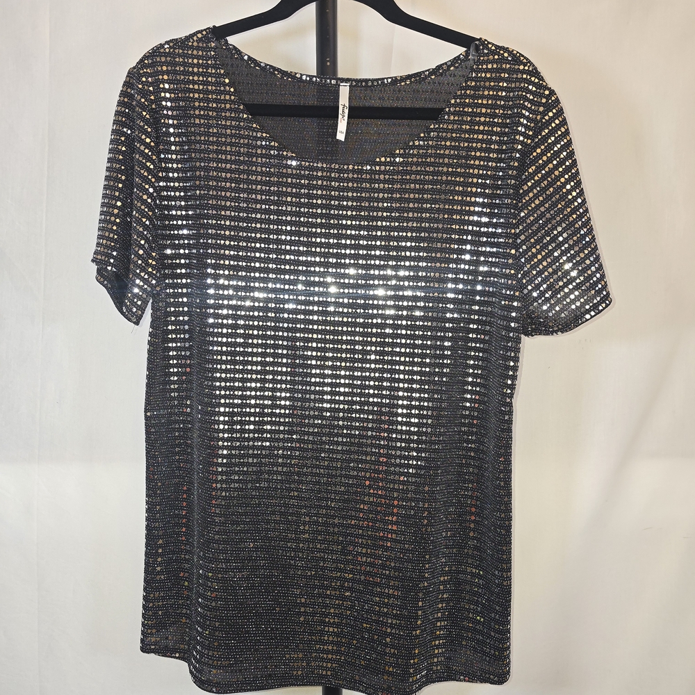 Plus Black and Silver Sequin Short Sleeve Blouse